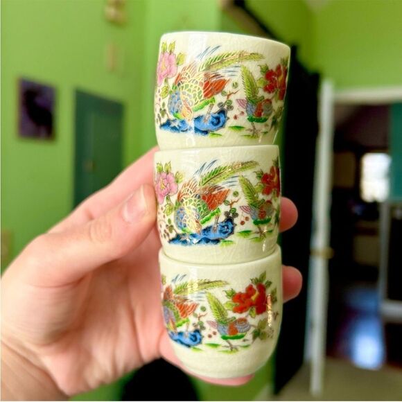 Oriental Vintage Rustic Retro Floral Bird Mini Cup Mug Collectible Set of 3 - Picture 2 of 11